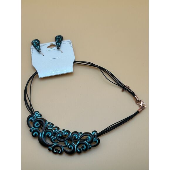14” Teal and Black Scrollwork Necklace and Earring Set - Picture 1 of 4